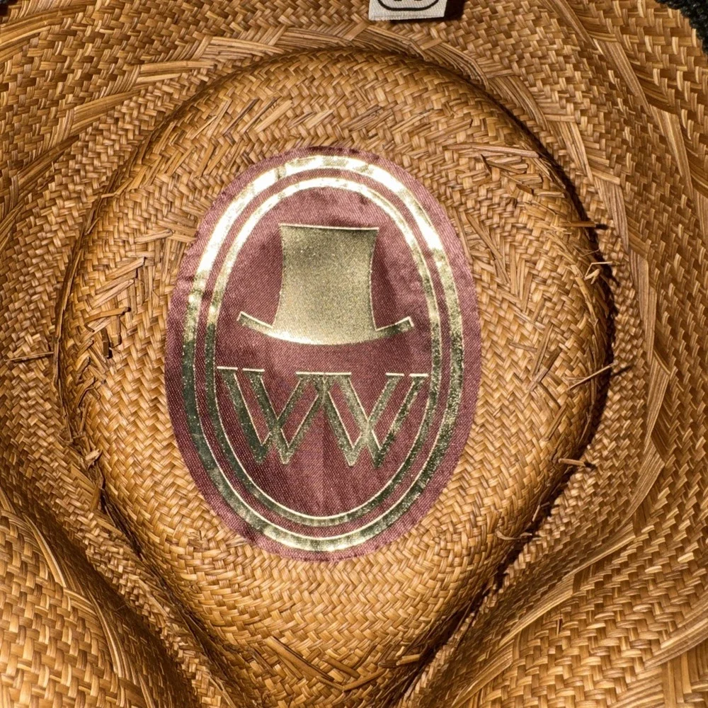 VTG  WW Straw Fedora Hat Brown Woven Wide Brim Grosgrain Green Band Columbia M